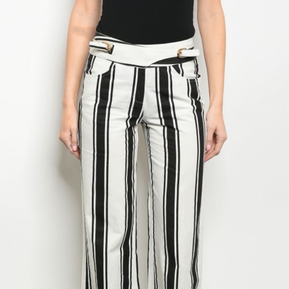 Striped Trouser Ankle Crop Pants - Black and White - Picture 2 of 3
